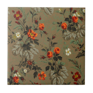 Vintage Dark Floral Orange Rose Botanical Pattern Ceramic Tile