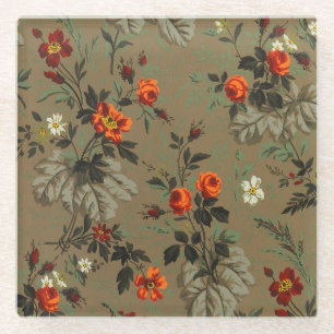 Vintage Dark Floral Orange Rose Botanical Pattern Glass Coaster