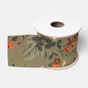 Vintage Dark Floral Orange Rose Botanical Pattern Grosgrain Ribbon