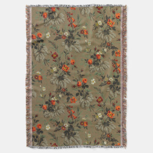 Vintage Dark Floral Orange Rose Botanical Pattern Throw Blanket