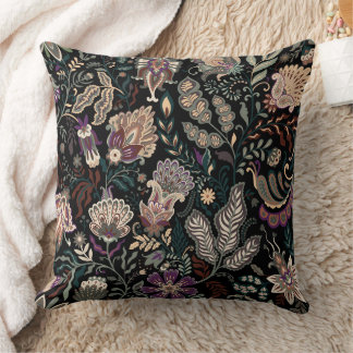 Vintage Dark Floral Paisley Pattern Moody Folk Art Throw Pillow