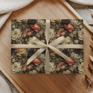 Vintage Dark Floral Rose Peony Pink Cream Pattern Wrapping Paper