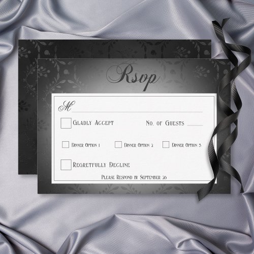 Vintage Dark Gothic Black Damask Wedding Dinner RSVP Card