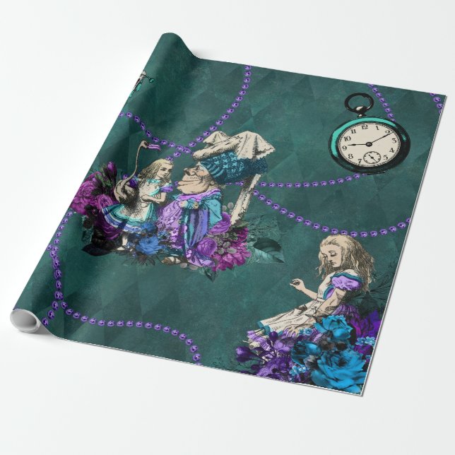 Vintage Dark Green Alice in Wonderland Wrapping Paper (Unrolled)