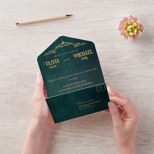 Vintage Dark Green All In One Invitation (Video)