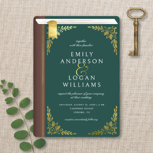 Vintage Dark Green Book Cover Gold Floral Wedding Invitation