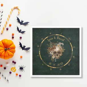Vintage Dark Green Celestial Floral Skull Wedding Napkins