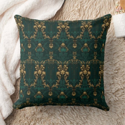 Vintage dark green gold baroque pattern  throw pillow