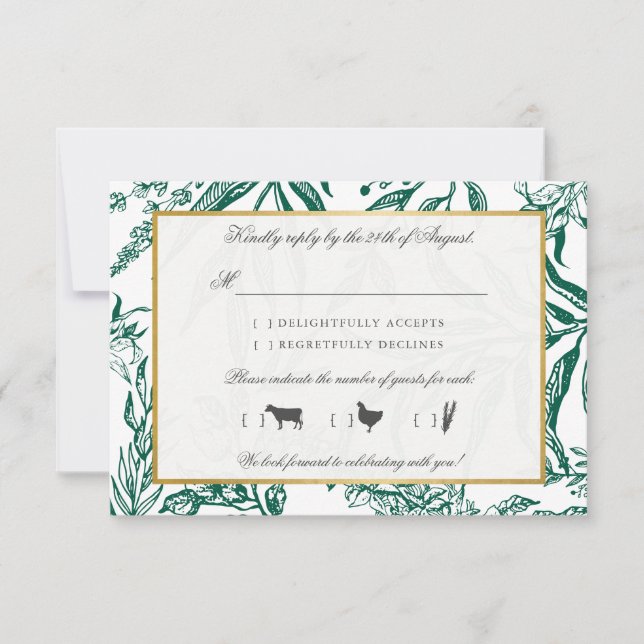 Vintage Dark Green Gold Botanical Wedding RSVP Card (Front)