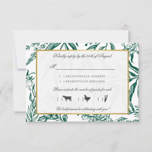 Vintage Dark Green Gold Botanical Wedding RSVP Card