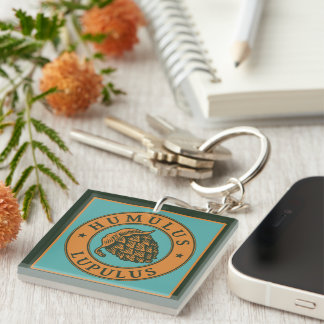 Vintage Dark Green Orange Brown Hop Beer Ink Art Keychain