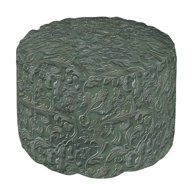 Vintage dark green tooled leather pouf (Angled Back)
