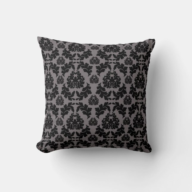 Vintage Dark Grey and Black Damask Pillow (Front)