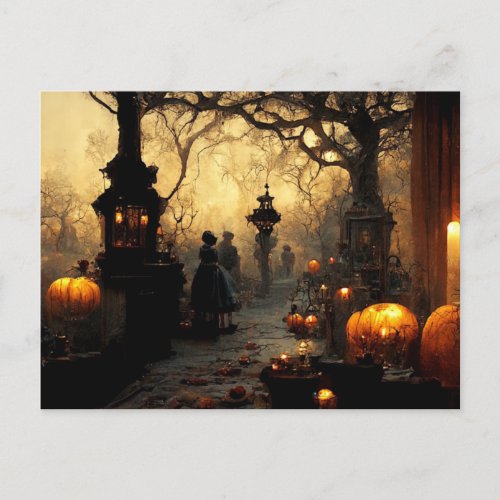 Vintage Dark Halloween Night Town Street Holiday Postcard