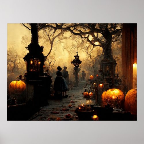 Vintage Dark Halloween Night Town Street  Poster