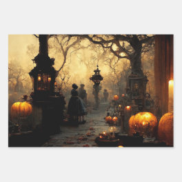 Vintage Dark Halloween Night Town Street Wrapping Paper Sheets