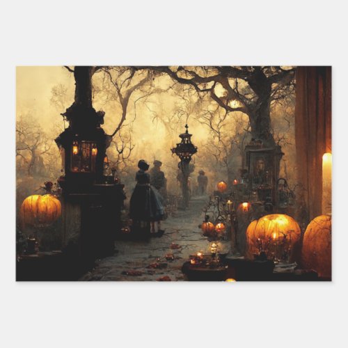 Vintage Dark Halloween Night Town Street  Wrapping Paper Sheets