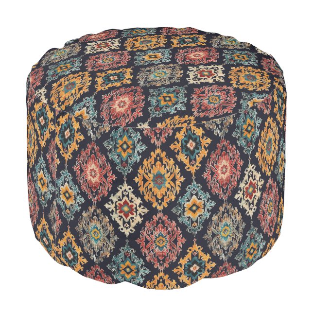 Vintage dark ikat pattern pouf (Angled Back)