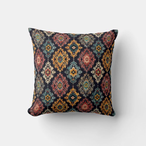 Vintage dark ikat pattern throw pillow