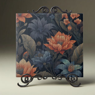 Vintage Dark Moody Floral Pattern on Linen Texture Ceramic Tile