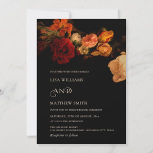  Vintage Dark Moody Painted Flowers  Wedding Invitation