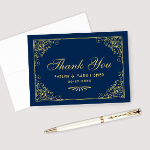 Vintage Dark Navy Gold Art Deco Wedding Monogram Thank You Card