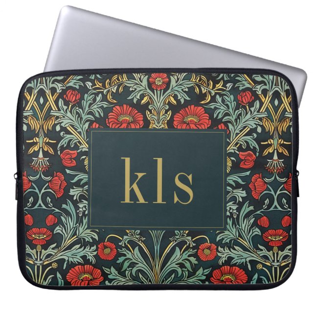 Vintage Dark Poppy William Morris Monogram Laptop Sleeve (Front)