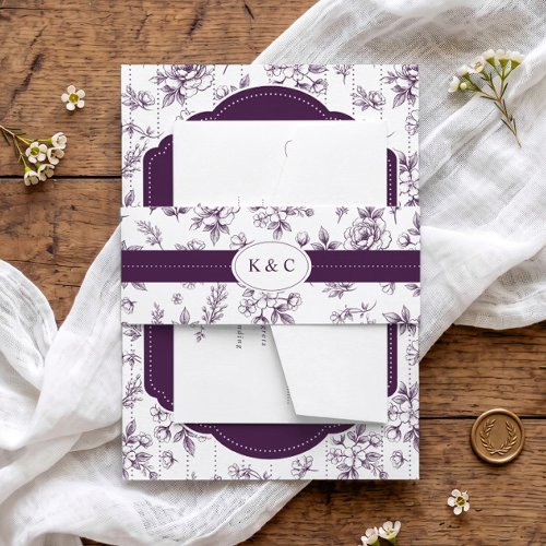 Vintage Dark Purple Floral Toile Initials Wedding Invitation Belly Band