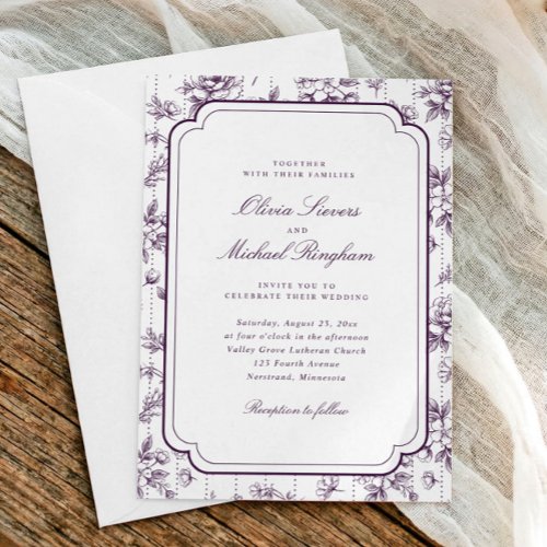 Vintage Dark Purple French Floral Toile Wedding Invitation
