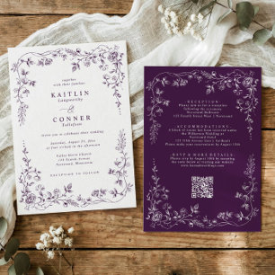 Vintage Dark Purple French Floral Wedding Invitation