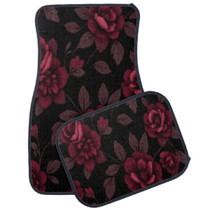 Vintage Dark Red Floral Design on Black Car Floor Mat