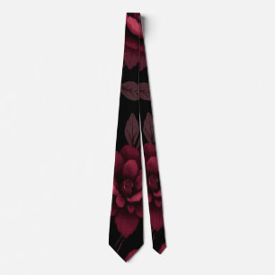 Vintage Dark Red Floral on Black Neck Tie