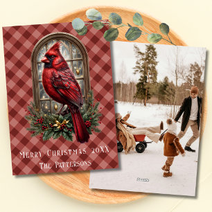 Vintage Dark Red Gingham Cardinal Photo Christmas Holiday Card