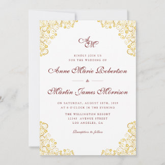 Vintage dark red gold floral wedding invitation