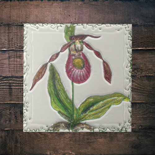 Vintage Dark Red Lady Slipper Orchid Botanical Ceramic Tile