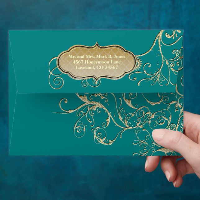 Vintage Dark Teal Gold Swirl Wedding Envelope (Hand)