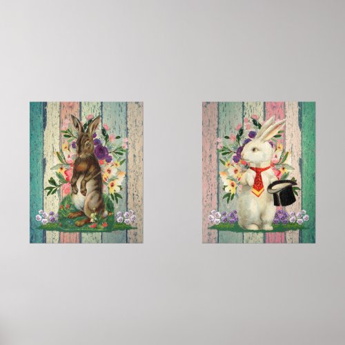 Vintage Decal Style Easter Bunnies Flowers Wall Art Sets