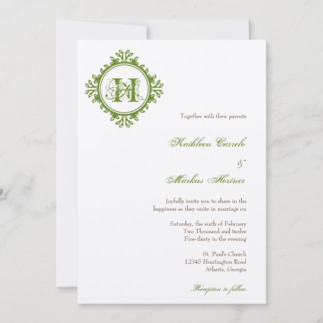 Vintage decay green leaves frame monogram wedding invitation (Front)