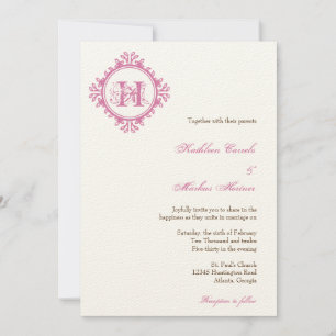 Vintage decay pink leaves frame monogram wedding invitation