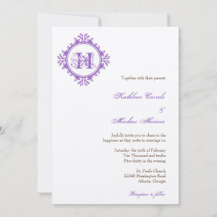 Vintage decay purple leaves frame monogram wedding invitation