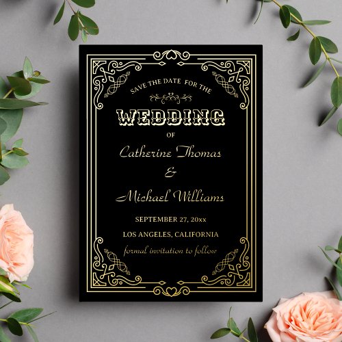 Vintage Deco Art Black  Golden Save The Date Foil Invitation