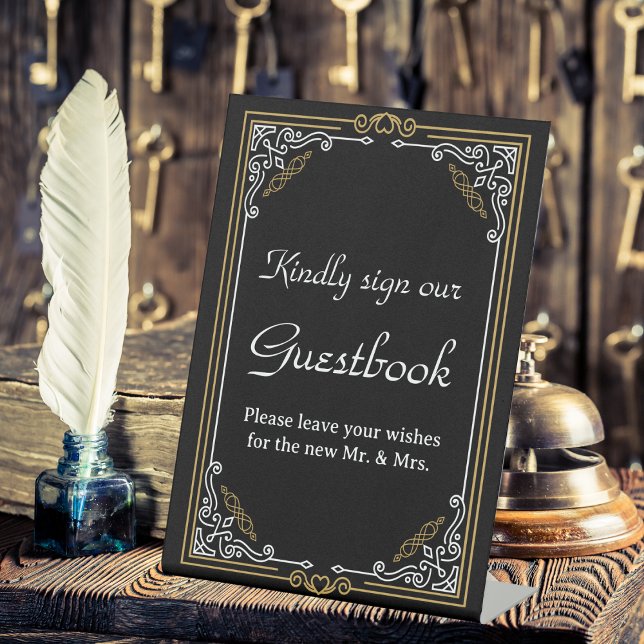 Vintage Deco Art Black Wedding Guestbook Pedestal Sign (Creator Uploaded)