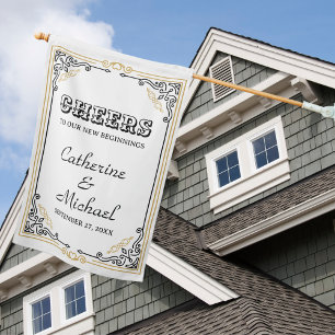 Vintage Deco Art Black White & Golden Wedding House Flag