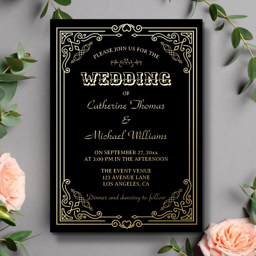 Vintage Deco Art Elegant Black  Golden Wedding Foil Invitation