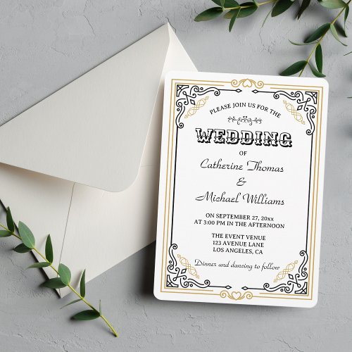 Vintage Deco Art Elegant Black White Gold Wedding Invitation