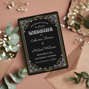 Vintage Deco Art Elegant Black White Gold Wedding Save The Date