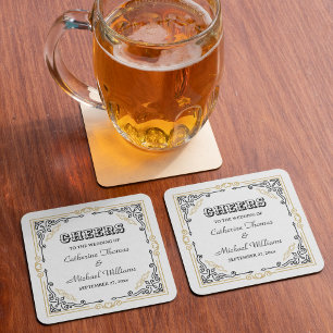 Vintage Deco Art Elegant Black White Gold Wedding Square Paper Coaster