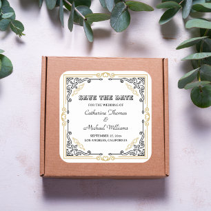 Vintage Deco Art Elegant Black White Gold Wedding Square Sticker