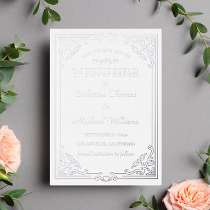 Vintage Deco Art White & Silver Save The Date Foil Invitation