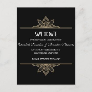 Vintage Deco Black & Gold Save The Date Announcement Postcard by envelopmentswedding at Zazzle